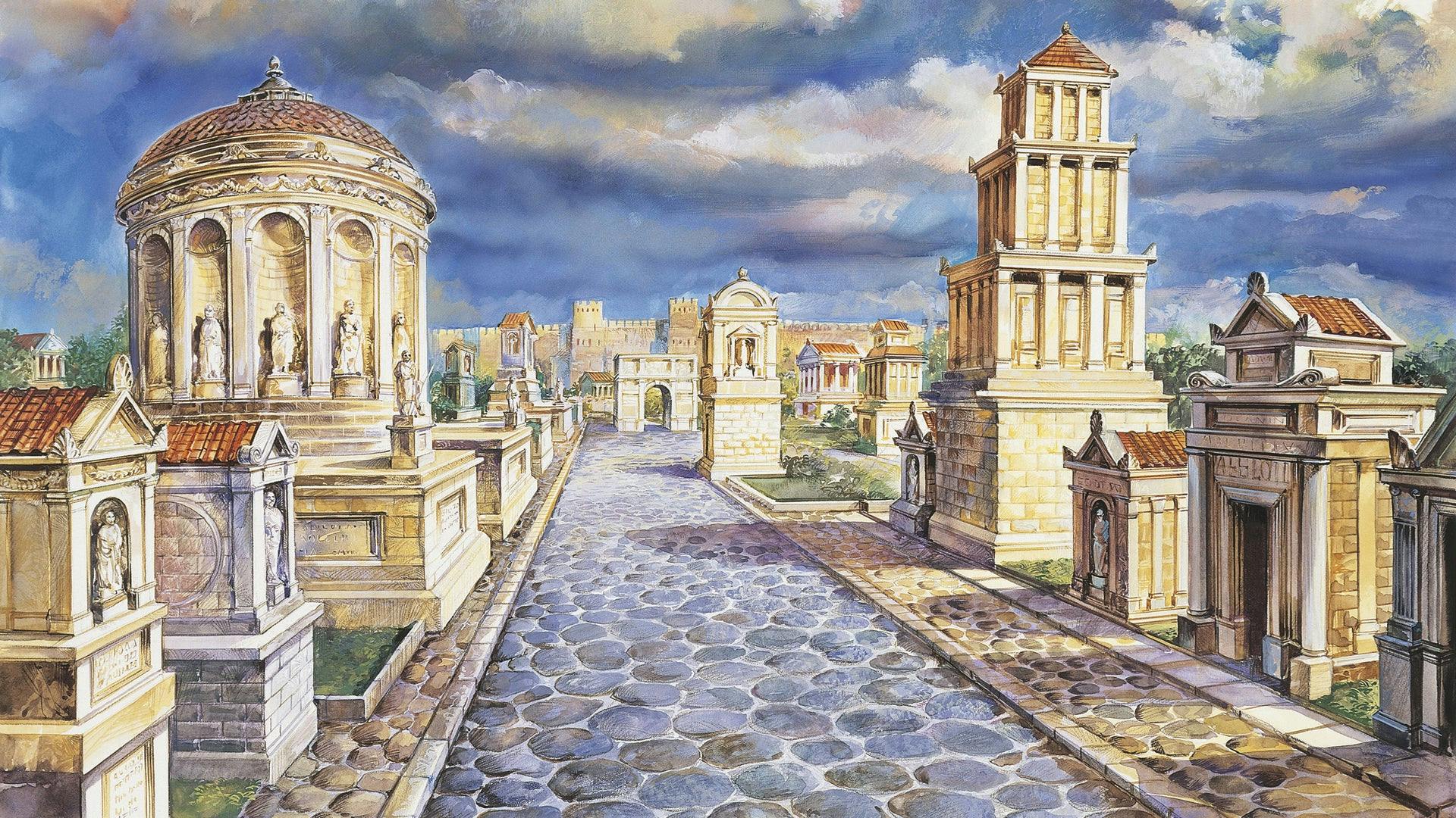 A watercolor painting of what an ancient Roman road looked like as it wound through a city.
