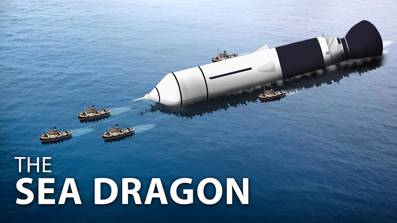 A computer animation of the Sea Dragon rocket being towed out to sea.