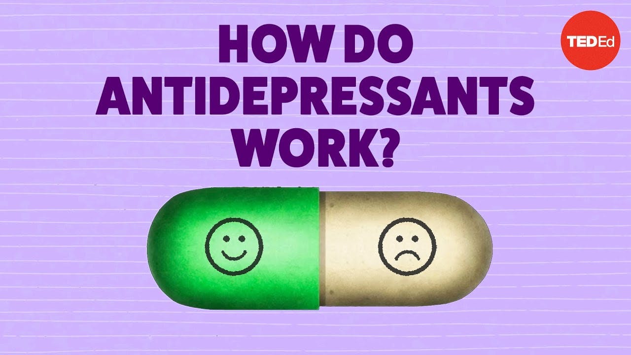 Digital art of two-toned pill with sad and happy face on either end sits below text that reads, "How do antidepressants work?"