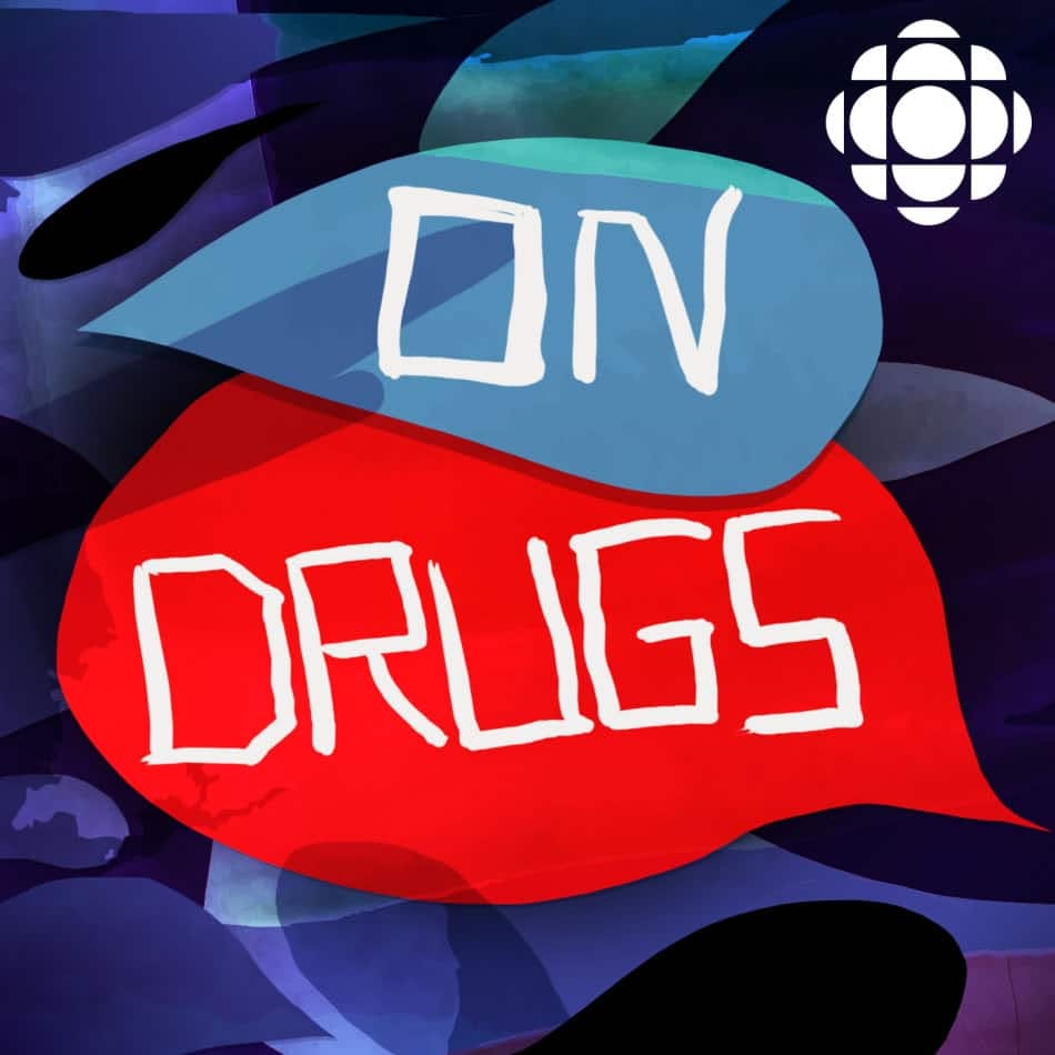 Digital art of CBC logo for program titled "On Drugs" that shows the program's name in speech bubbles over waves of color.