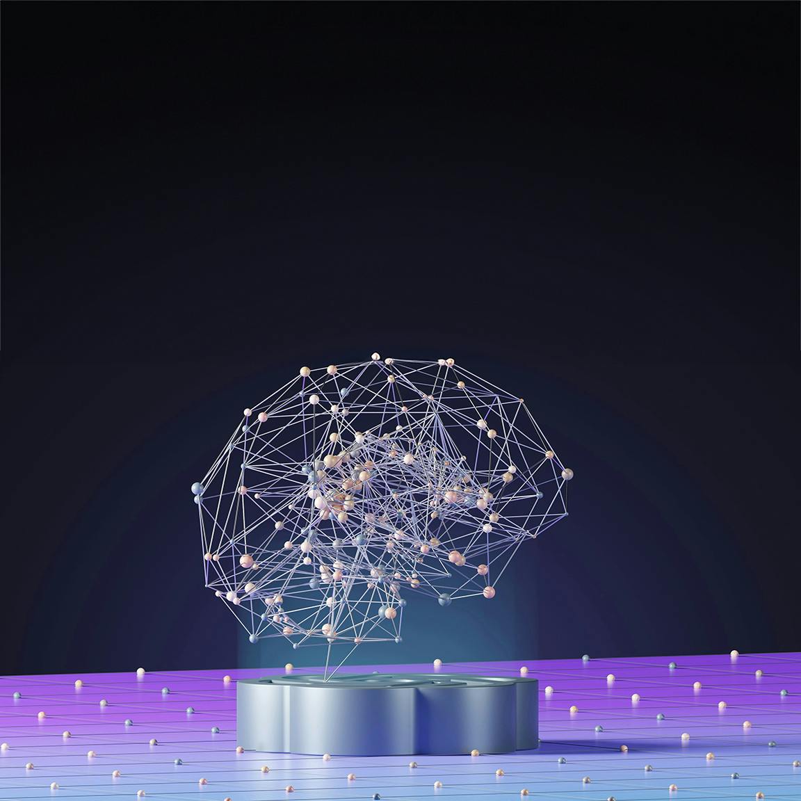 A 3d rendering of a series of nodes shaped like a brain floating above a ChatGPT logo