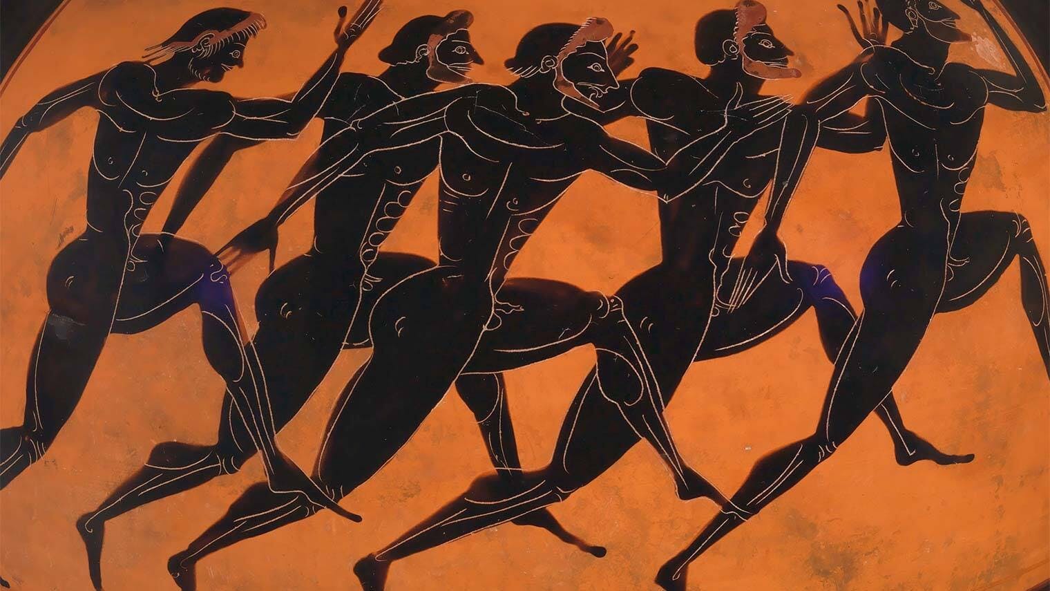 Ancient athletes race on foot in this pottery illustration.