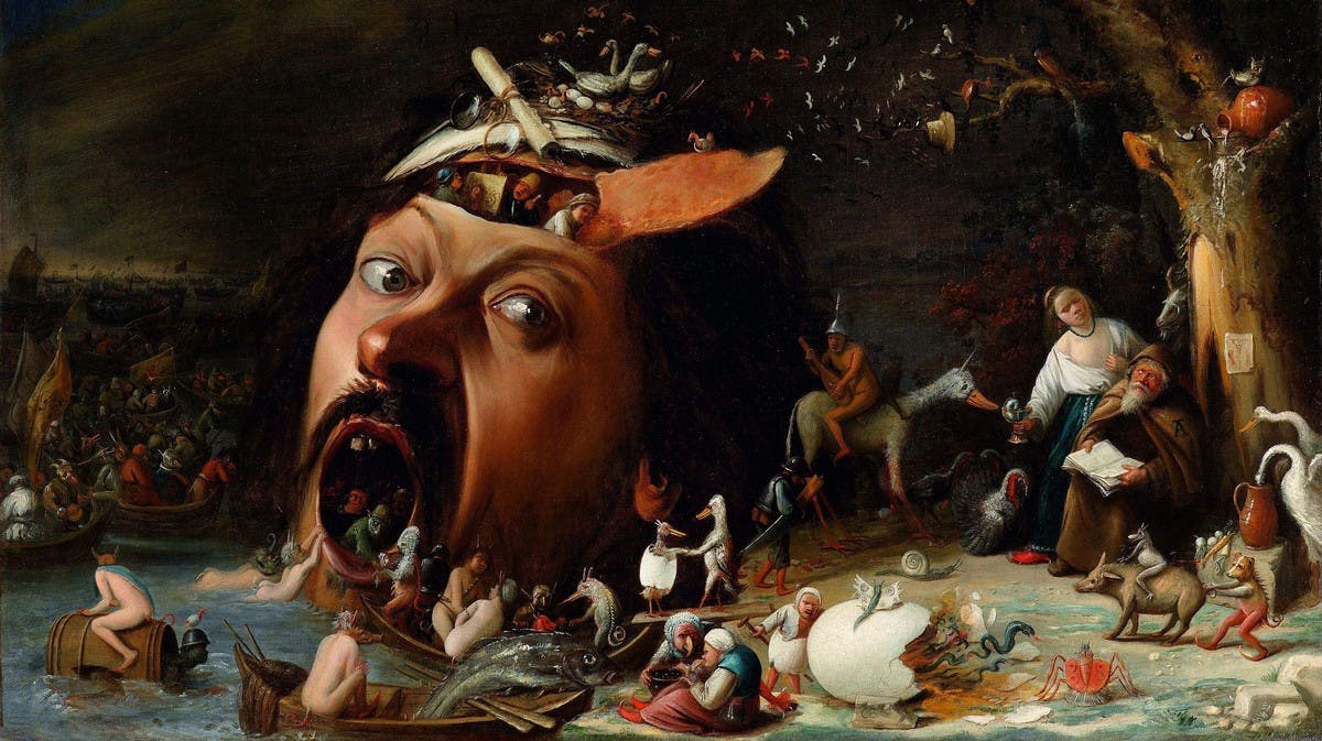 Art by Joos van Craesbeeck titled, Temptation of St. Anthony. Abstract painting of inhuman creatures and humans on a coast near an oversized head that's been split.
