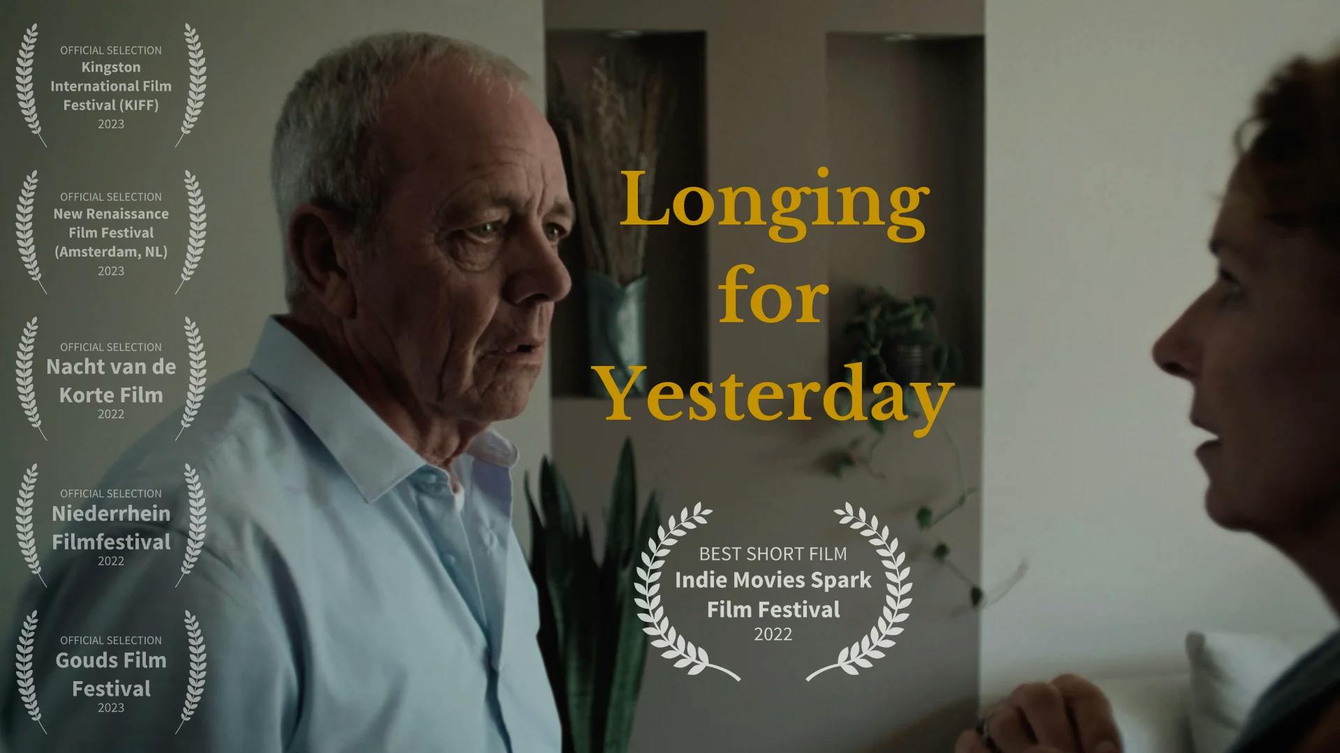 Photo of two people talking with text overlay that reads, "Longing for Yesterday."
