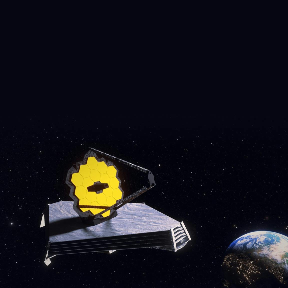 A rendering of the James Webb Space Telescope floating in space with earth small in the background