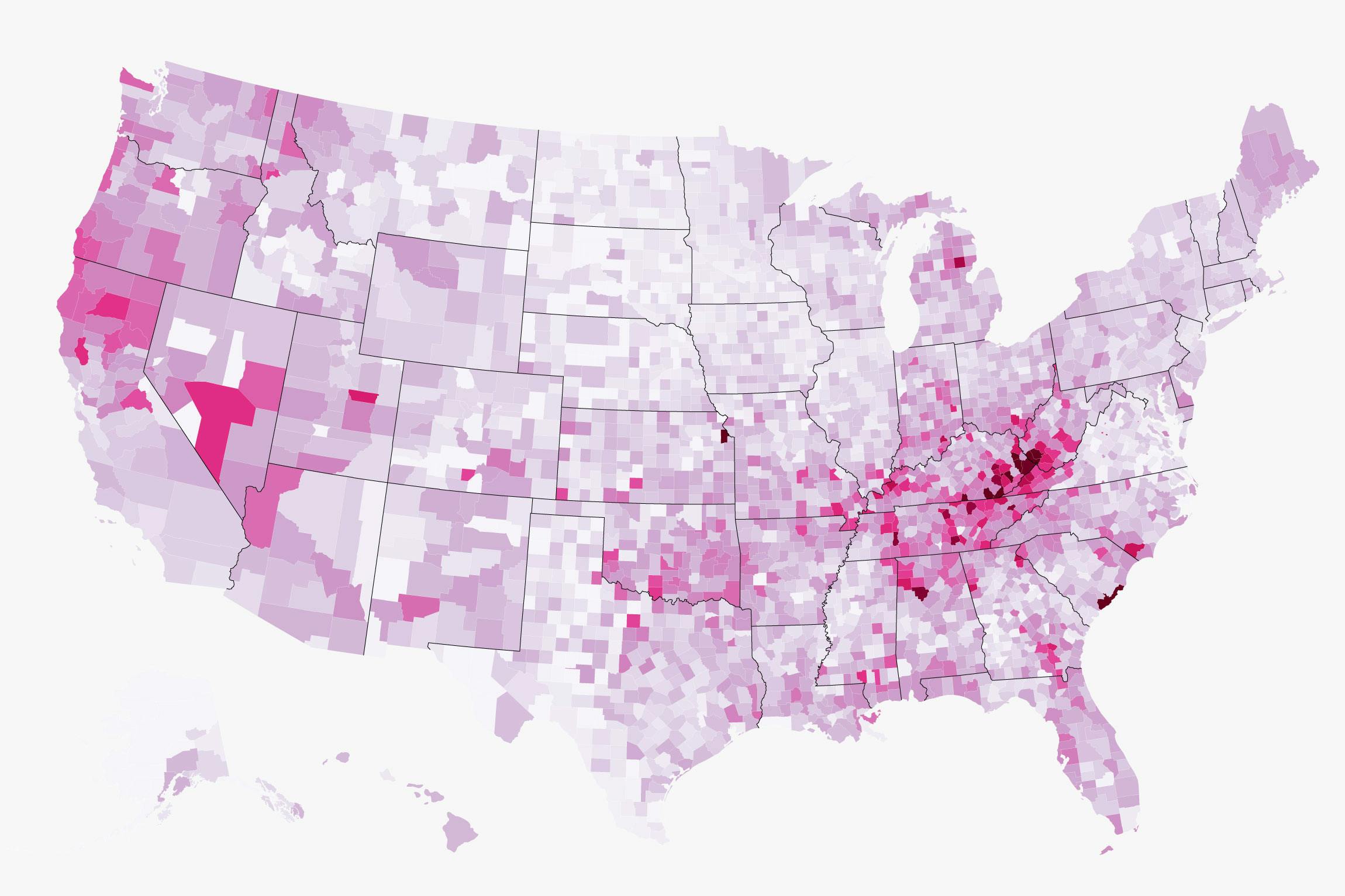 Digital map of US that shows intensity of prescription pain pill surge though color saturation.