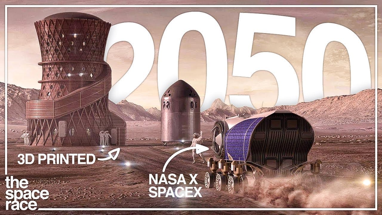 An animated illustration of the surface of Mars in 2050, with theoretical habitations and other structures.